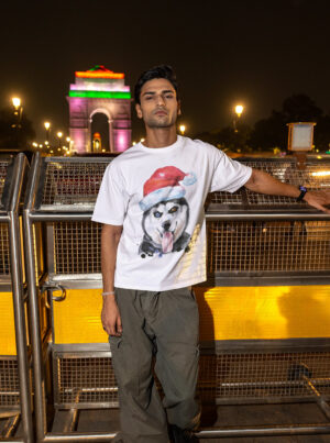 100% Cotton Santa Hat Husky Christmas Graphic T-Shirt