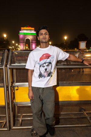 100% Cotton Santa Hat Husky Christmas Graphic T-Shirt