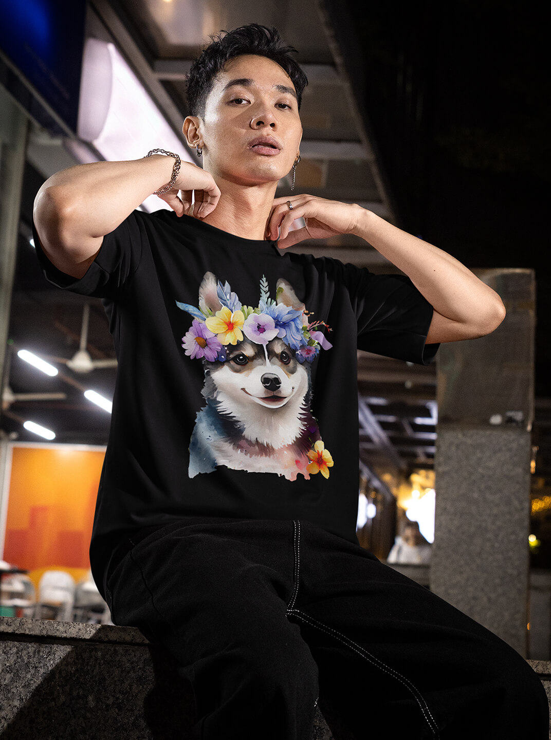 Dog Lover T Shirt with Floral Husky Design – Premium Cotton Tee - FlyyDok Dog lover t shirt with cute husky face and colorful floral watercolor design printed on brown cotton t shirt