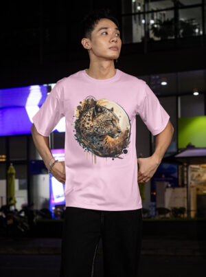 Leopard print shirt for men featuring artistic leopard face graphic on peach color cotton t-shirt by FlyyDok