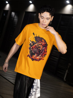 Men wearing orange tiger graphic tee with bold printed design by FlyyDok