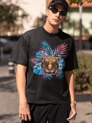 Man wearing a black "Tiger T-Shirt Mens" with a colorful geometric tiger and tropical foliage print.