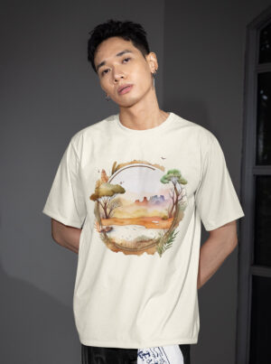 Beige oversized t-shirt hanging on a rack, featuring a circular watercolor Nature Graphic Tee design of a desert savanna landscape with trees and mountains.