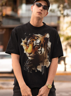 Black shirt with tiger print for men featuring artistic watercolor tiger face design