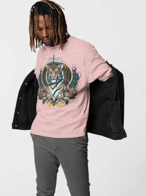 Tiger face print shirt in light pink color with bold graphic design, worn by a male model and displayed on a hanger – FlyyDok Fashion