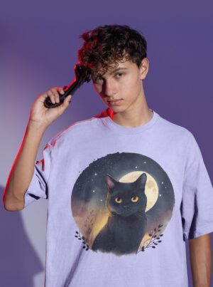 Graphic Verse Cat Mens Shirt – Moonlight Black Cat Graphic T-Shirt for Men